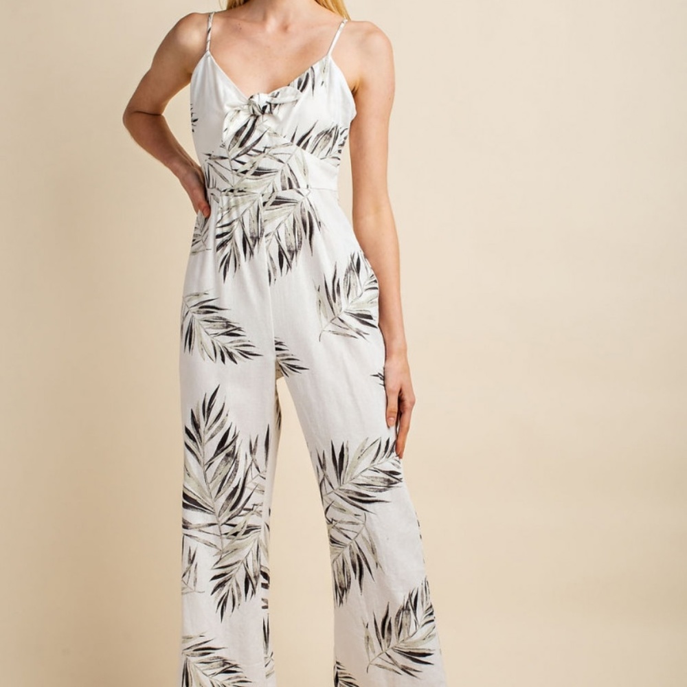 Front tie linen tropical jumpsuit